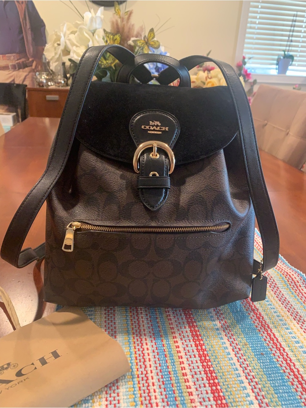 Coach Brown Signature Canvas and Black Leather Backpack with Gold Hardware